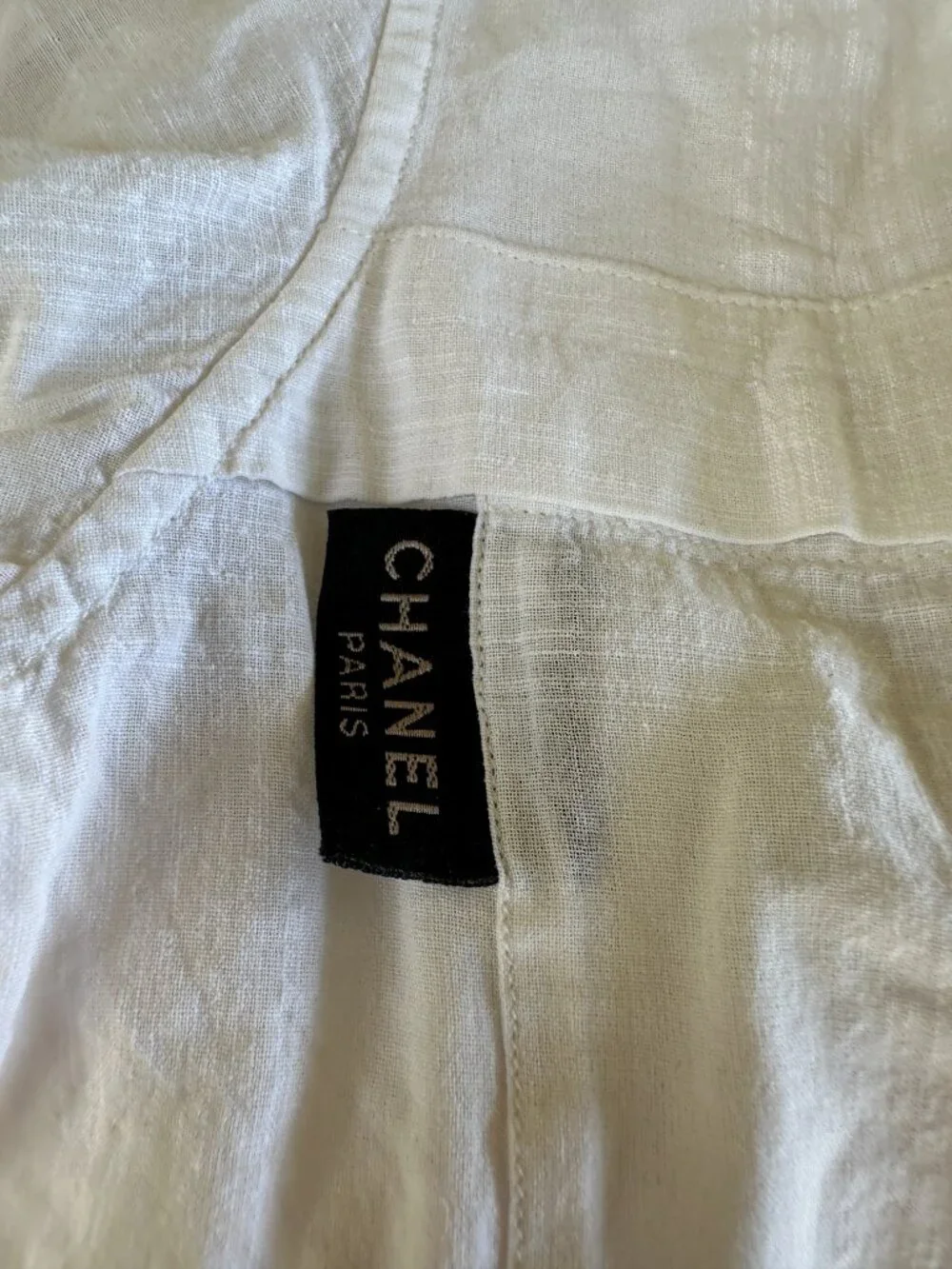 Chanel Women's White Button Down Cotton Linen Shirt Blouse Pockets Long Sleeves